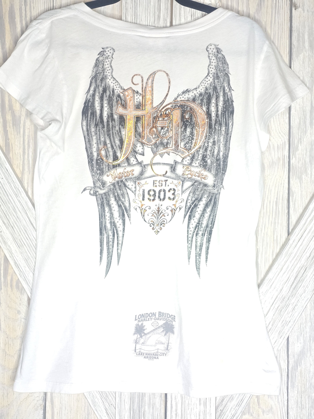 Harley Davidson White Bling Tee Lake Havasu London Bridge Large